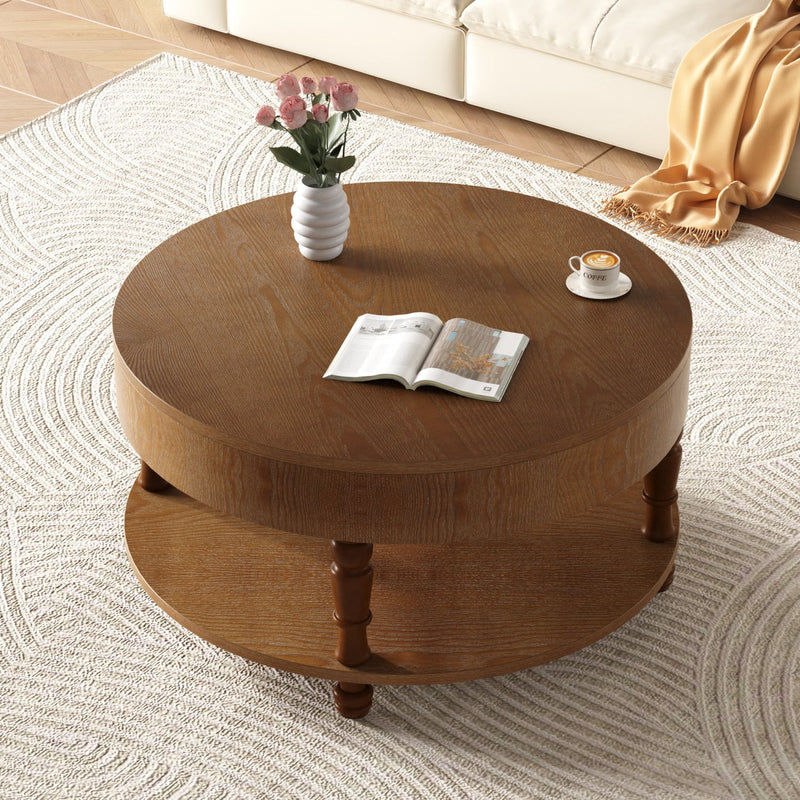 Round Coffee Table With Hidden Storage Shelf - Natural