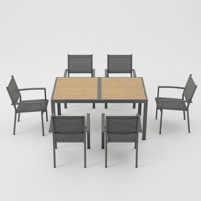 7 Piece Gray Patio Dining Set With Hdps Table And Textilene Chairs For Outdoor Use, Metal Furniture