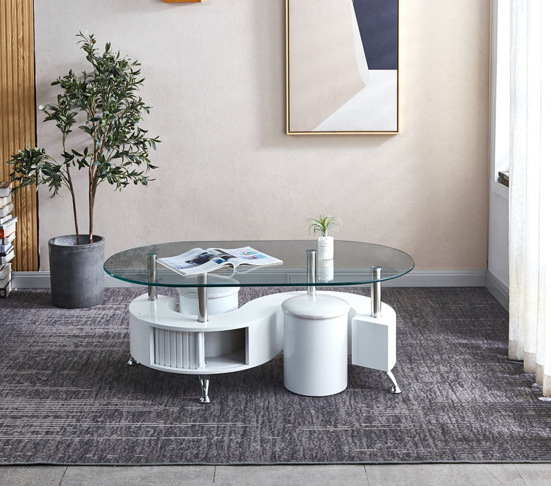 Unfinished Mirrored Glass Wood Stainless Steel Oval Coffee Table - White