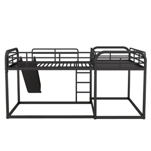 Full and Twin Size L-Shaped Bunk Bed with Slide and Short Ladder, Black