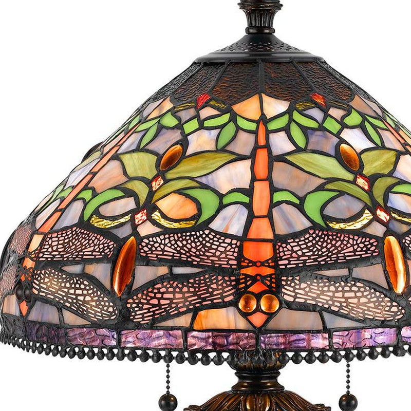 Metal Two Light Table Lamp With Purple Cone Shade - Bronze