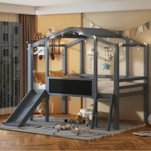 Load image into Gallery viewer, Loft House Bed With Ladder And Slide, With board And Light Strip On The Roof
