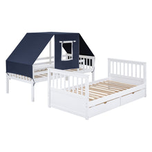 Load image into Gallery viewer, Twin Over Twin Bunk Bed Wood Bed with Tent and Drawers, White+Blue Tent
