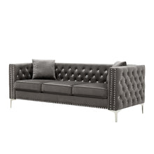 Load image into Gallery viewer, 82.3&quot; Width Modern Velvet Sofa Jeweled Buttons Tufted Square Arm Couch Grey,2 Pillows Included
