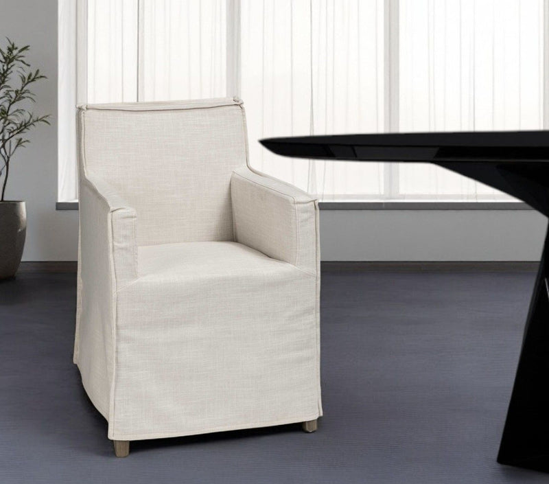 Slipcovered Upholstered Fabric Dining Arm Chair - Cream