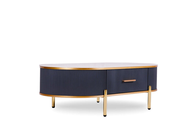 Stone And Stainless Steel Oval Coffee Table With Drawer - White And Gold