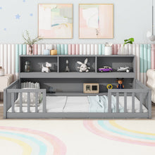 Load image into Gallery viewer, Floor Bed With Bedside Bookcase, Shelves, Guardrails

