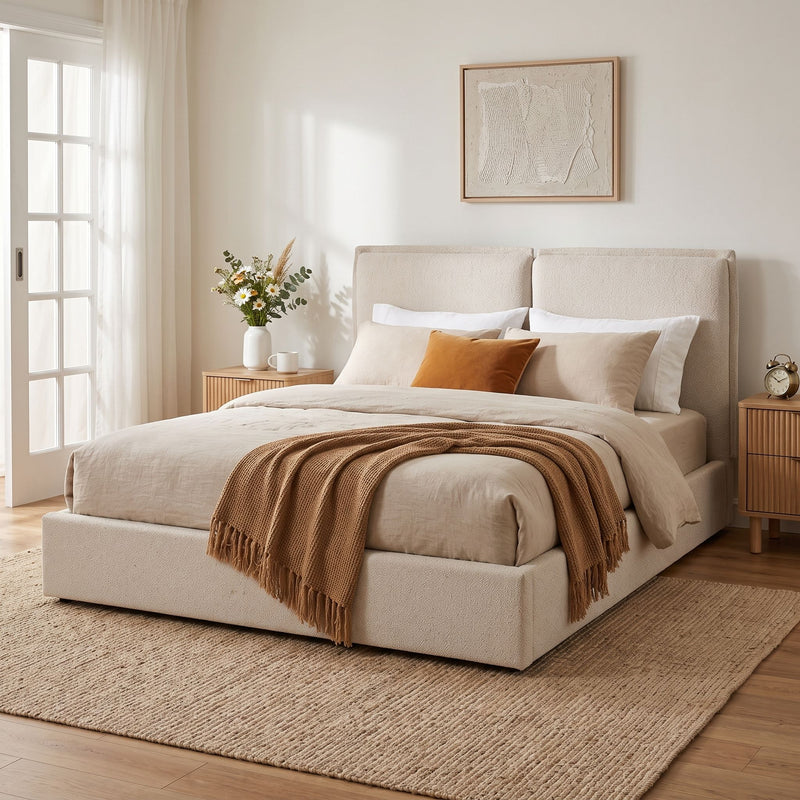 Double Pillow Upholstered Headboard, Skin Friendly Textured Fabric , Queen - Beige