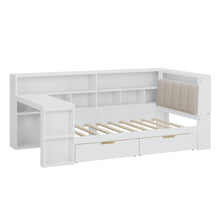 Load image into Gallery viewer, L Shaped Daybed With Desk, Bookcase, Upholstered Headboard, Drawers, And LED Light
