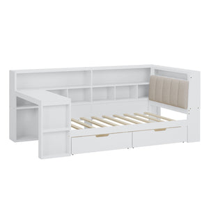 L Shaped Daybed With Desk, Bookcase, Upholstered Headboard, Drawers, And LED Light