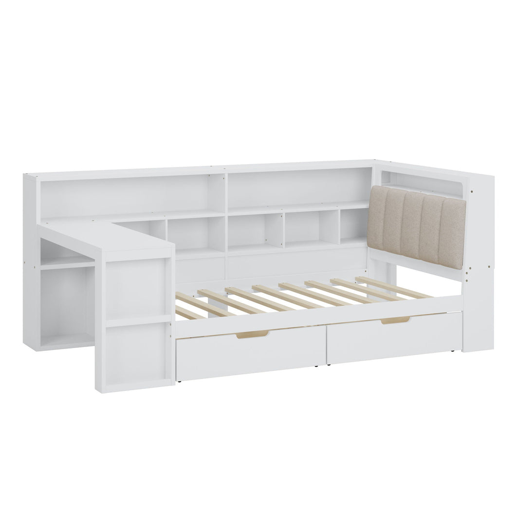 L Shaped Daybed With Desk, Bookcase, Upholstered Headboard, Drawers, And LED Light