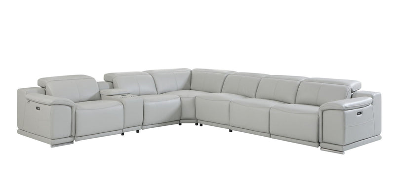 Italian Leather Power Reclining Seven Piece Corner Sectional With Console - Light Gray
