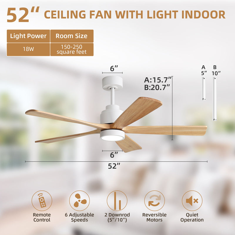 52" Ceiling Fan With Remote Control, Dimmable 3 Color Temperature LED Light, Quiet Reversible DC Motor