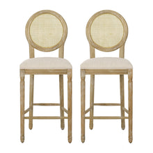 Load image into Gallery viewer, Country Chic Bar Stools (Set of 2) With Rattan Backrest And Upholstered Seat - Beige / Natural
