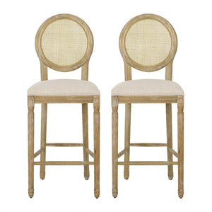 Country Chic Bar Stools (Set of 2) With Rattan Backrest And Upholstered Seat - Beige / Natural
