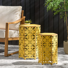 Load image into Gallery viewer, Outdoor Hexagonal Accent Table Set With Charming Fleur De Lis Panel Sides - Antique Yellow
