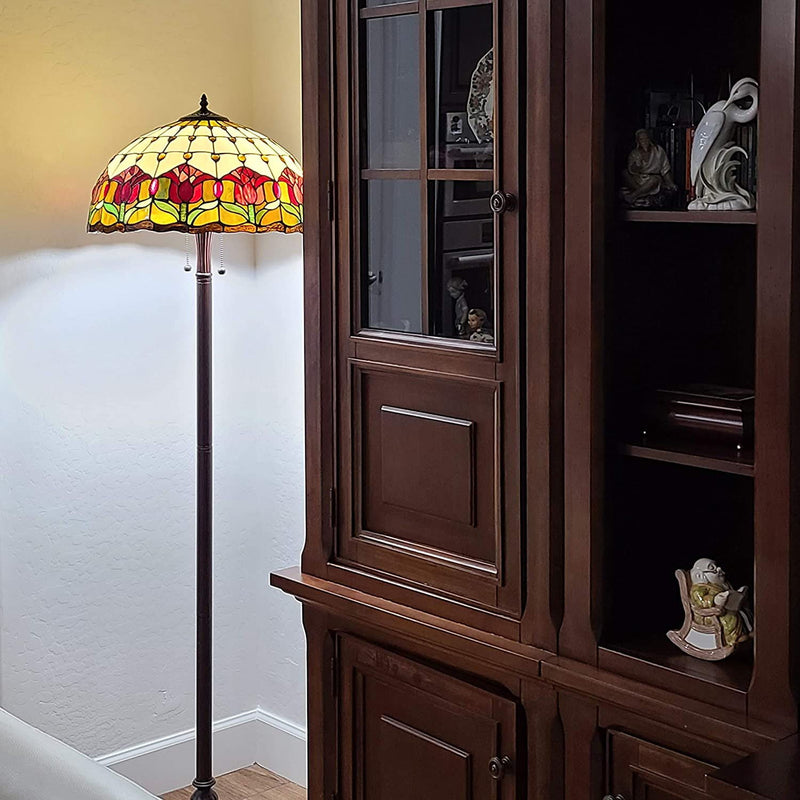 Two Light Traditional Shaped Floor Lamp With Red Flowers Stained Glass Dome Shade - Brown