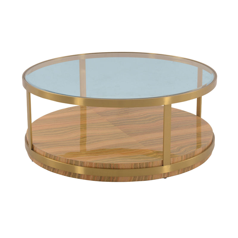 Glass Wood And Metal Round Coffee Table With Shelf - Clear Gold And Brown