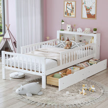Load image into Gallery viewer, Bed With Headboard Storage Rack, 2 Under Bed Drawers, 3 Side Guardrails For Safety
