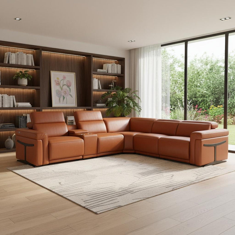 Italian Leather Modular L Shaped Six Piece Corner Sectional With Console - Camel