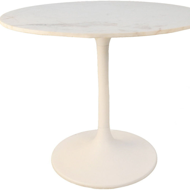 36" Rounded Marble And Iron Pedestal Base Dining Table - White