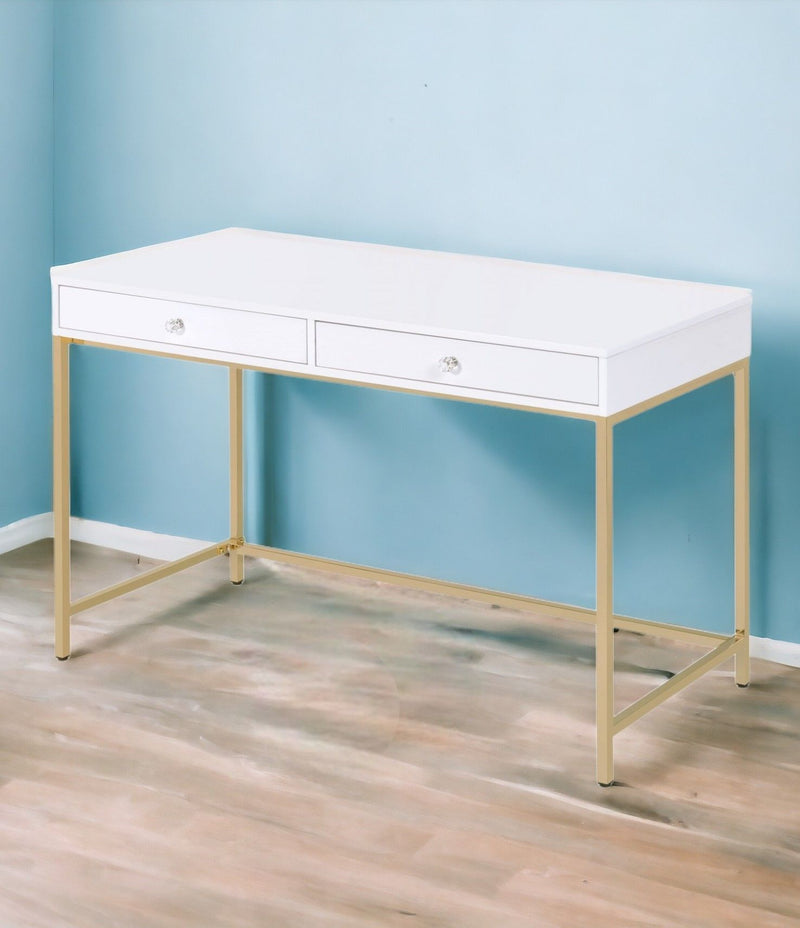 Computer Desk With Two Drawers - White And Gold