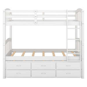 Twin over Twin Wood Bunk Bed with Trundle and Drawers,White