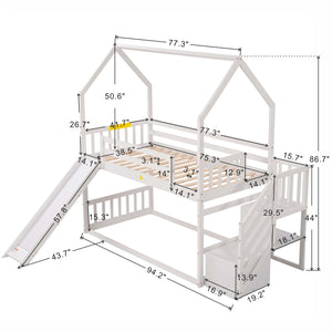 Twin over Twin House Bunk Bed with Convertible Slide,Storage Staircase,White