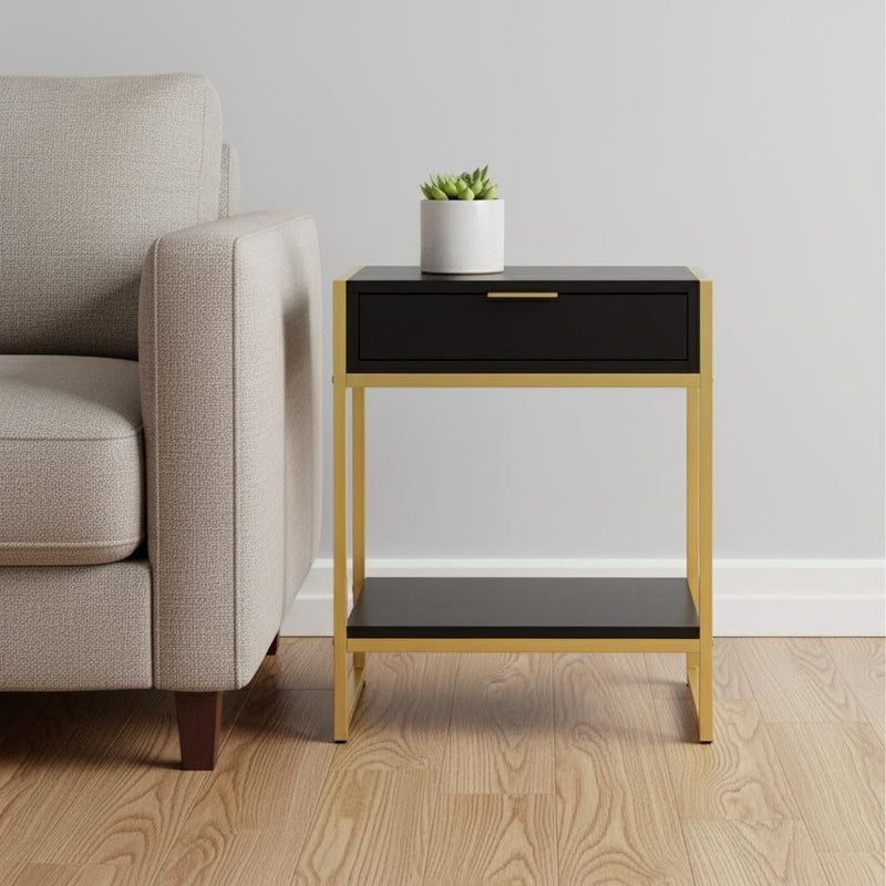 Wood And Metal End Table With Drawer And Shelf - Gold And Dark Brown
