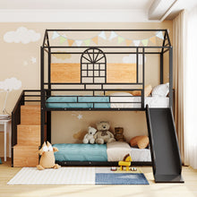 Load image into Gallery viewer, Twin Over Twin Metal Bunk Bed, Metal Housebed with Slide and Storage Stair, Black with Black Slide
