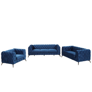 Modern 3-Piece Sofa Sets with Sturdy Metal Legs,Velvet Upholstered Couches Sets Including Three Seat Sofa, Loveseat and Single Chair for Living Room Furniture Set,Blue