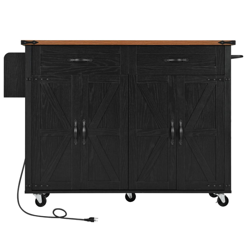 Brown And Wood Flat Door Rolling Kitchen Cart With USB - Black