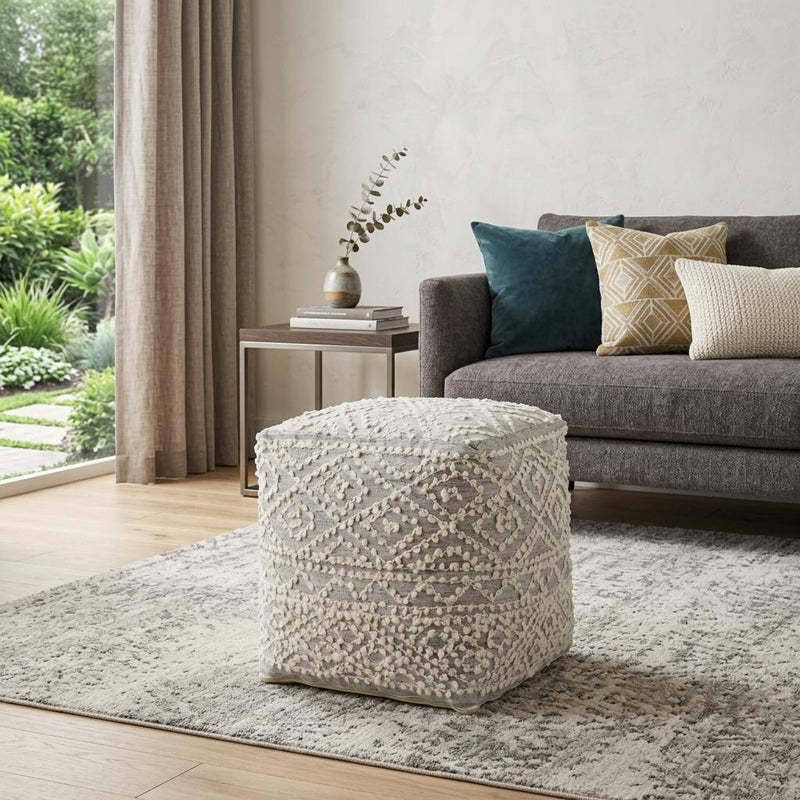 Fabric Geometric Pouf Ottoman - Gray / Cream