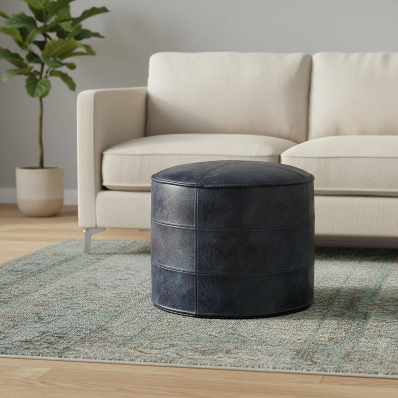 Leather Round Pouf Ottoman - Blue