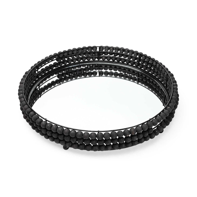 21" Matte Wood With Bead Mirrored Glass Bottom Round Tray - Black