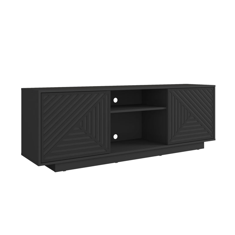 Ribbed Texture Wood Enclosed Open Storage TV Stand - Black