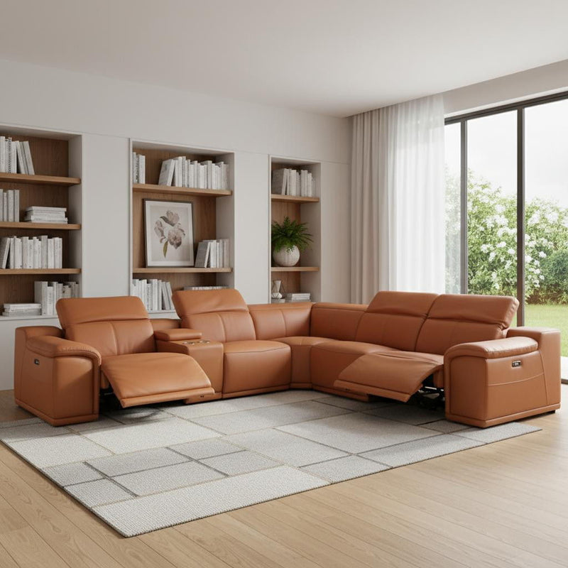Italian Leather Power Reclining U Shaped Six Piece Corner Sectional With Console - Camel