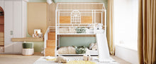 Load image into Gallery viewer, Twin Over Twin Metal Bunk Bed, Metal Housebed with Slide and Storage Stair, White with White Slide
