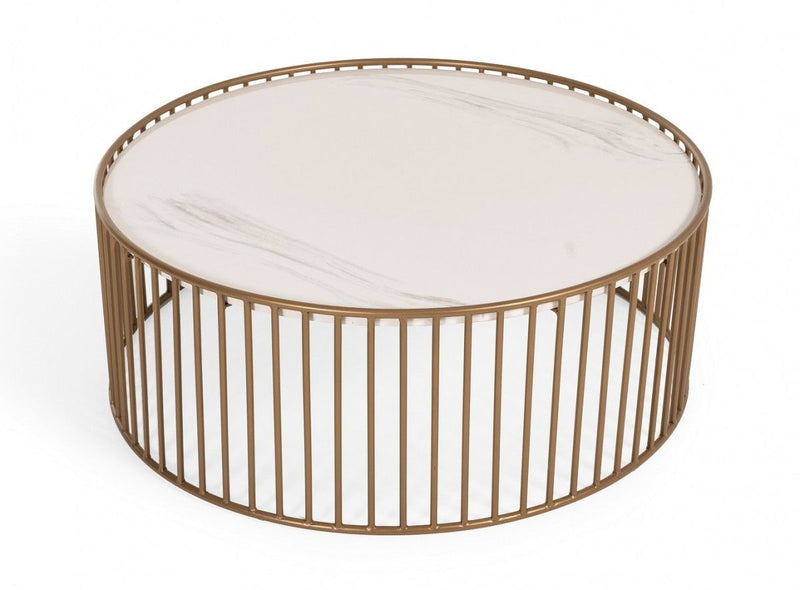 Modern Round Faux Marble Coffee Table - White And Gold