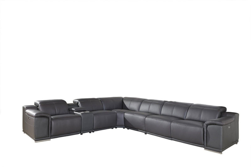 Italian Leather Power Reclining Seven Piece Corner Sectional With Console - Gray