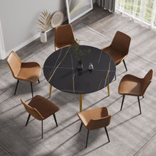 Load image into Gallery viewer, Modern Artificial Stone Round Dining Table With Golden Metal Legs, Can Accommodate 6 People - Black
