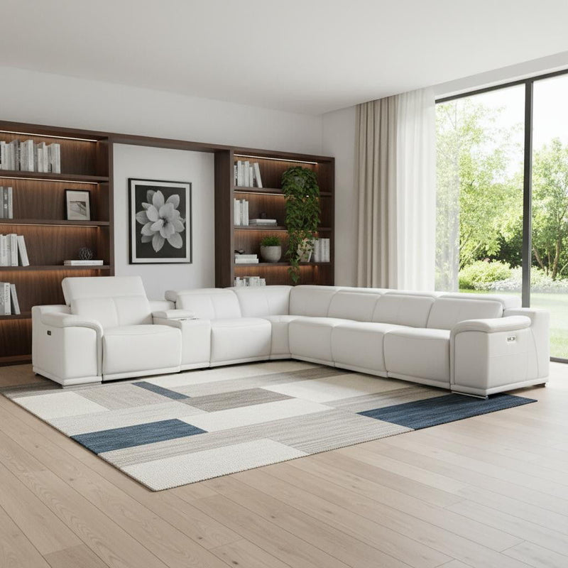 Italian Leather Power Reclining U Shaped Seven Piece Corner Sectional With Console - White