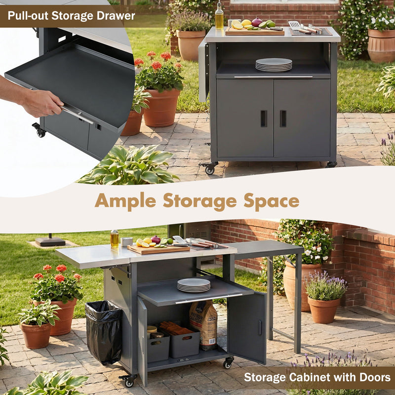 Foldable Outdoor Prep Station BBQ Cart With Trash Rack