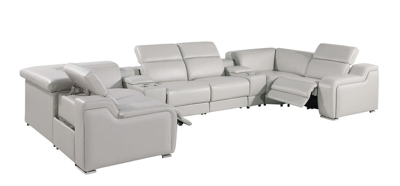 Italian Leather Power Reclining U-Shaped 8 Piece Corner Sectional With Console - Light Gray