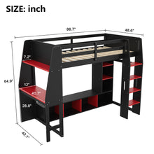 Load image into Gallery viewer, Gaming Loft Bed With Desk, Multi Storage Shelves, LED Lighting, And Hanging Clothes Rack
