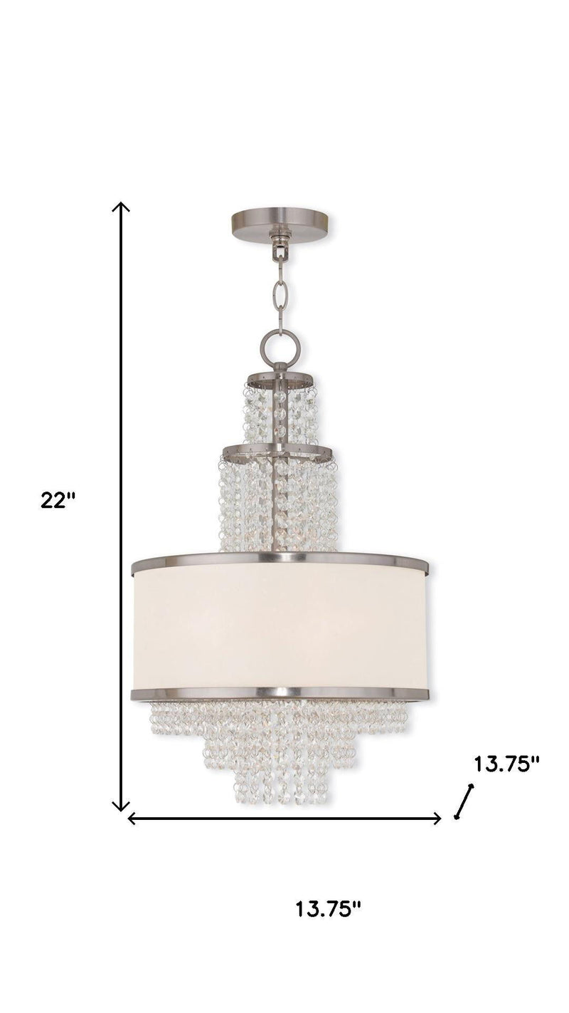 22" Three Light Metal Dimmable Chandelier With Shades - Nickel / Clear / Off White