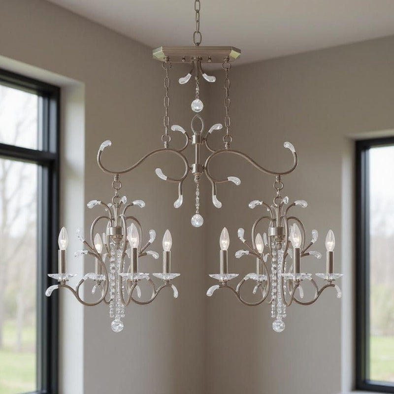 29" Eight Light Metal Dimmable Chandelier With Shades - Nickel / Clear