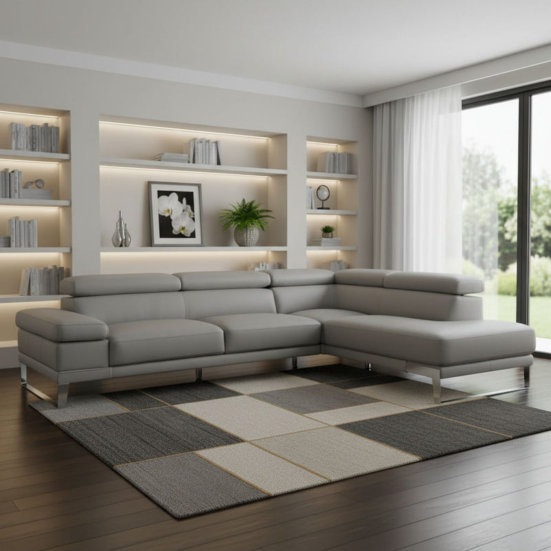 Top Grain Leather L Shaped Two Piece Sofa Chaise Sectional - Light Gray