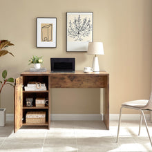 Load image into Gallery viewer, Home Office Desk One Cabinet Three Shelves Faux Barn Door On Metal Euro Hinges Modesty Panel - Distressed Wood
