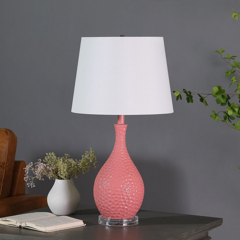 Hammered Urn Table Lamp With White Tapered Drum Shade - Pink